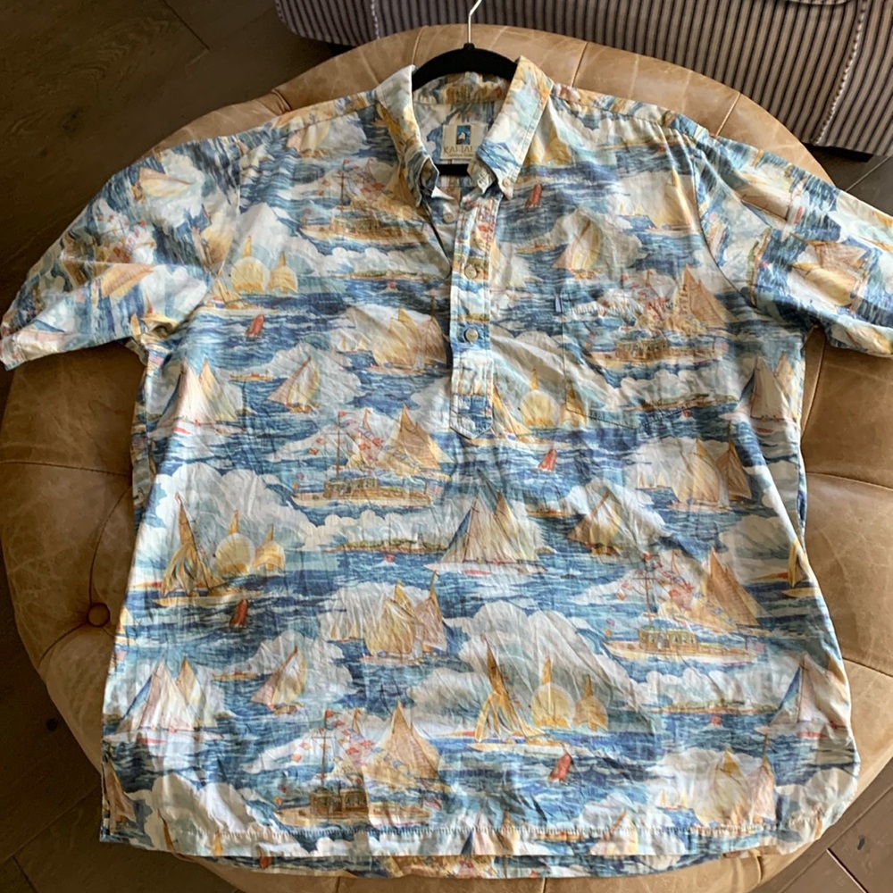 Kahala Made in Hawaii Men's 3/4 Button Down Sail Boat Nautical Print Size XL
